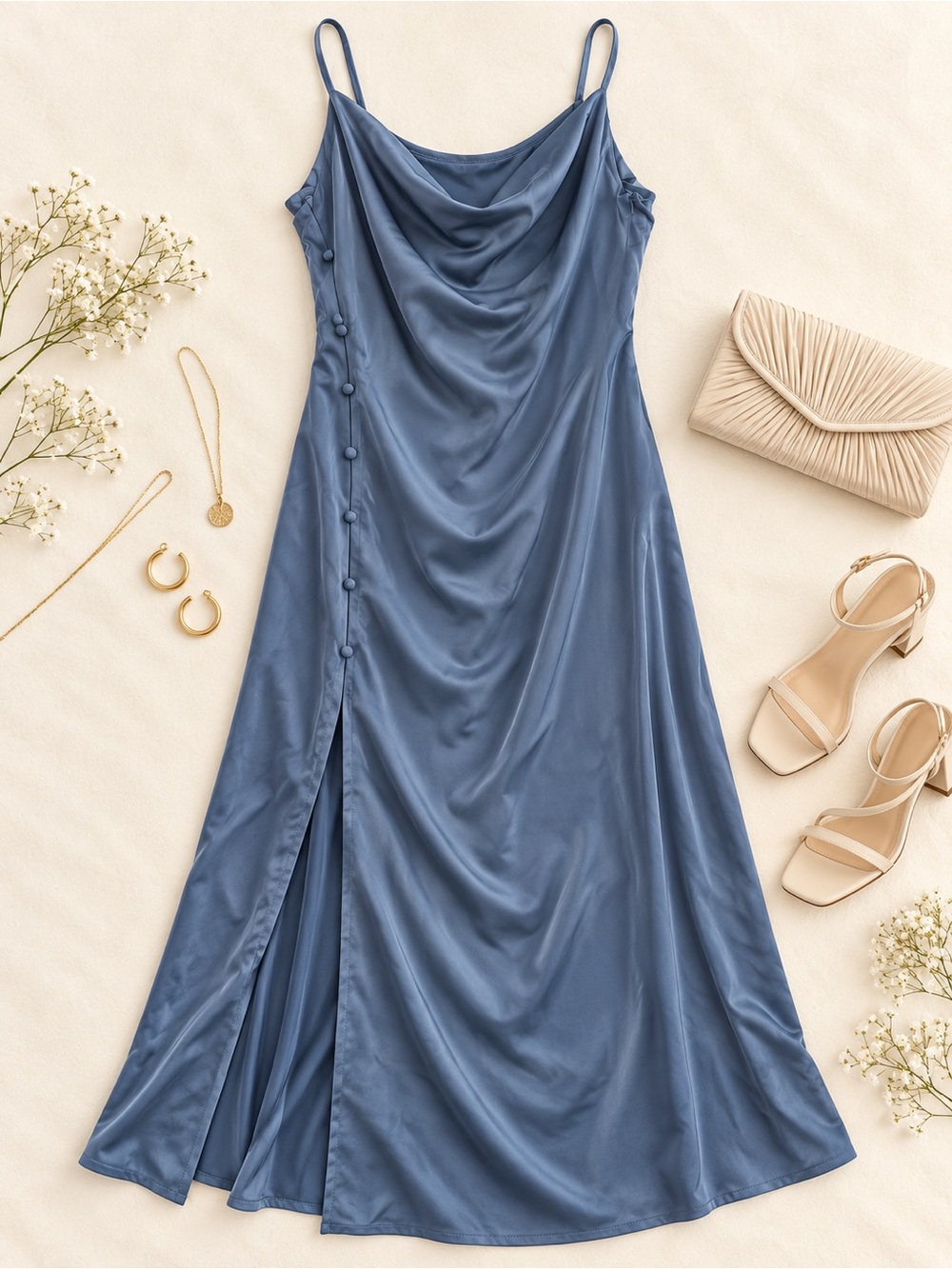 CIDER Dusty Blue Satin Cowl Neck Maxi Dress 2XL NWT Side Slit